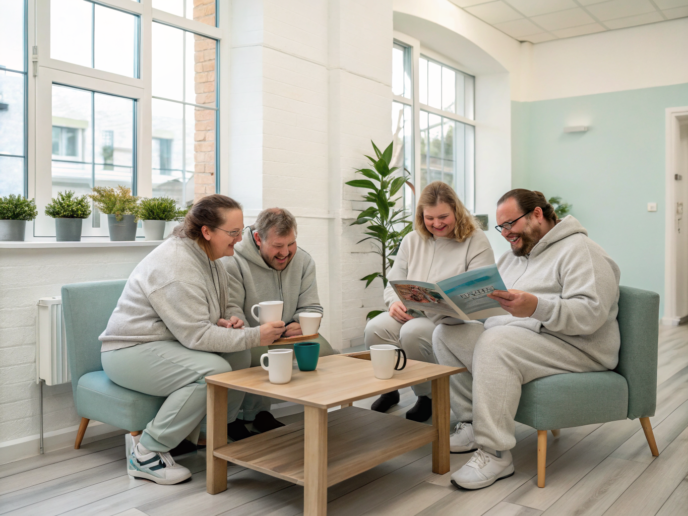 Group of adults with IDD engaging in friendly conversation at a local community cafe