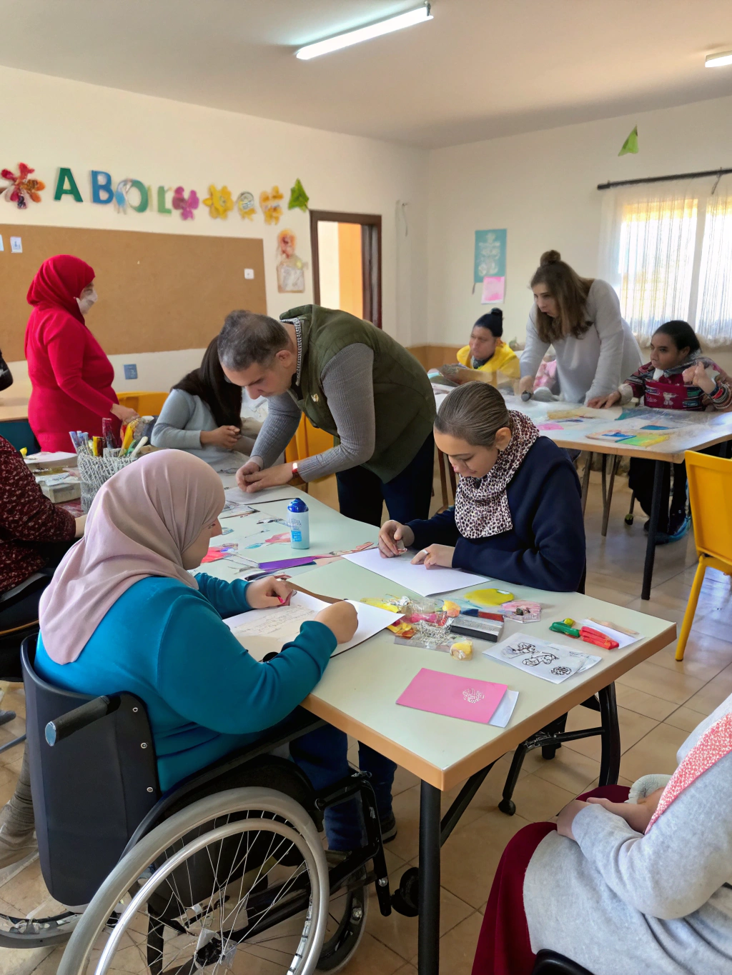Participants working together in a bright community workshop space